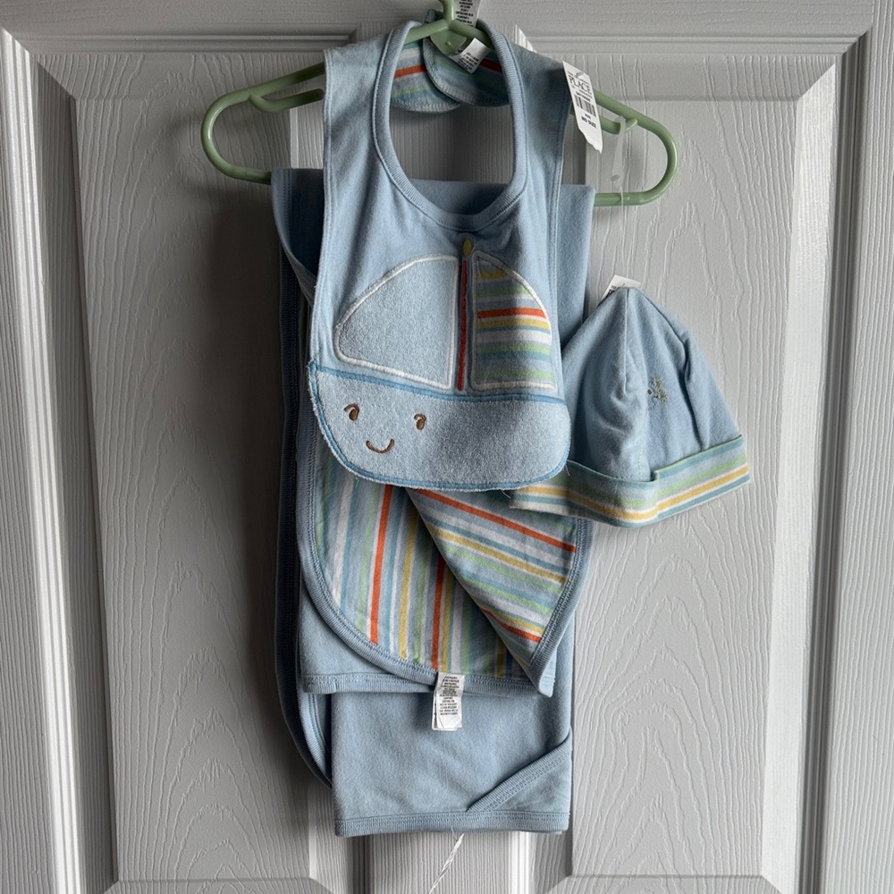 The Children's Place Bath Towel, Blue Bib and Hat Set with Stripes